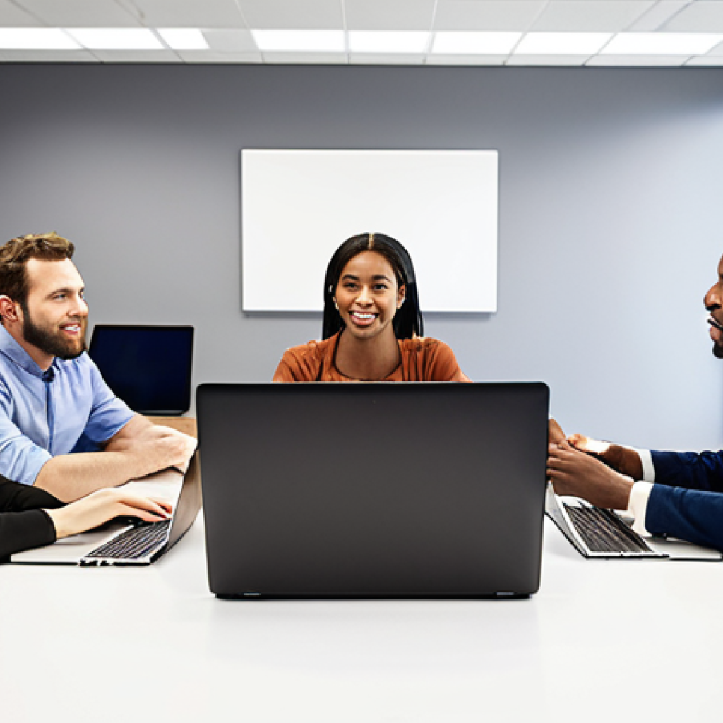 **Image Prompt:** Diverse group of employees collaborating around a table, some using laptops, others engaged in lively discussion. Focus on positive body language and active listening.  Background includes modern office environment with visible company values displayed on the wall.