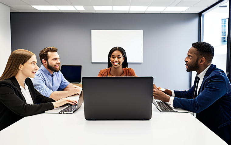 **Image Prompt:** Diverse group of employees collaborating around a table, some using laptops, others engaged in lively discussion. Focus on positive body language and active listening.  Background includes modern office environment with visible company values displayed on the wall.
