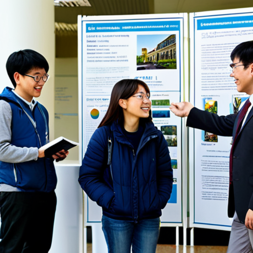 Academic Outreach**

A university campus scene with diverse students and professors, interacting around displays showcasing research projects. Banners and posters highlight various fields of study (science, technology, arts, humanities).  The overall tone is bright, welcoming, and intellectually stimulating. Include the text "未来を拓く知の創造" (Creating Knowledge to Shape the Future) subtly in the background. Focus on conveying a sense of community and discovery. Safe for work, appropriate content, fully clothed, professional setting, perfect anatomy, natural proportions.

**