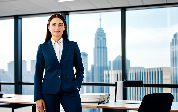 **

A professional businesswoman in a modest, tailored power suit, standing confidently in a modern, brightly lit office. The background features blurred city views through large windows. fully clothed, appropriate attire, safe for work, perfect anatomy, natural proportions, professional photography, high quality.

**