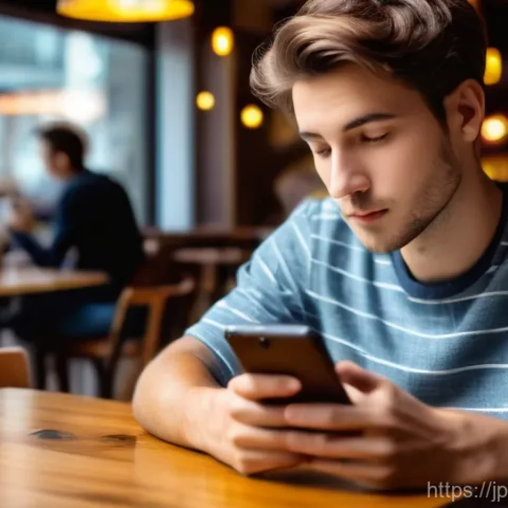 미디어 영향력 지수 - A young adult, early 20s, with short brown hair, wearing a stylish but casual t-shirt and jeans, sit...