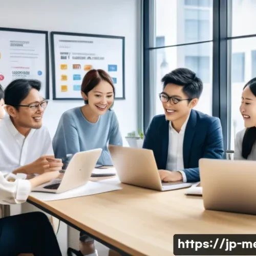 브랜드 커뮤니케이션 - A modern Japanese marketing team in a bright, stylish office, engaged in a lively two-way social med...