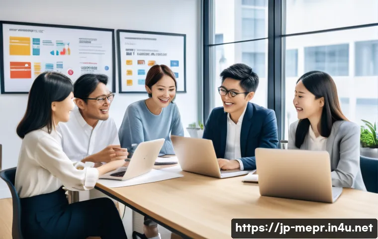 브랜드 커뮤니케이션 - A modern Japanese marketing team in a bright, stylish office, engaged in a lively two-way social med...