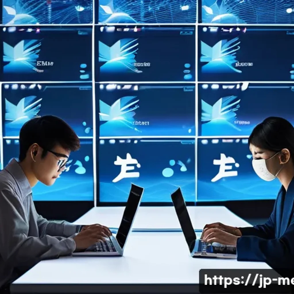 뉴미디어와 PR - A modern digital newsroom scene in Japan, featuring diverse young professionals using smartphones an...