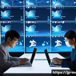 뉴미디어와 PR - A modern digital newsroom scene in Japan, featuring diverse young professionals using smartphones an...