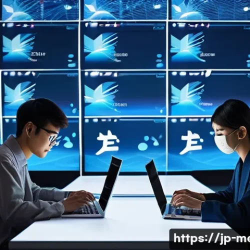 뉴미디어와 PR - A modern digital newsroom scene in Japan, featuring diverse young professionals using smartphones an...