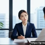 언론사와 관계 구축 - A modern Japanese office scene showing a professional woman in business attire (wearing a modest sui...