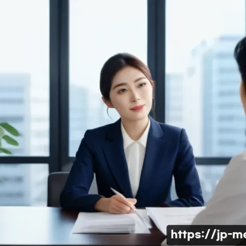 언론사와 관계 구축 - A modern Japanese office scene showing a professional woman in business attire (wearing a modest sui...