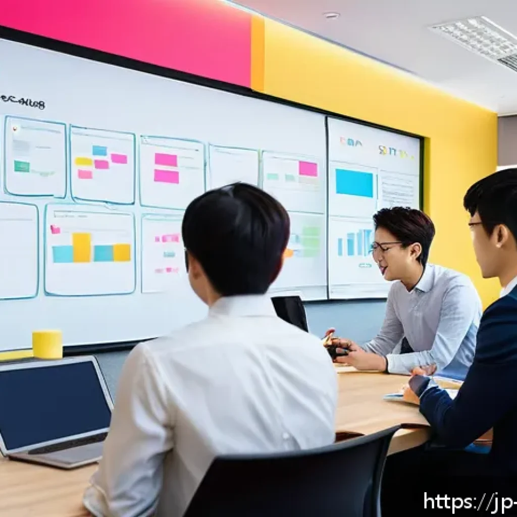 기업PR과 브랜드 가치 - A modern Japanese office scene showing a diverse group of young professionals engaging in a lively b...