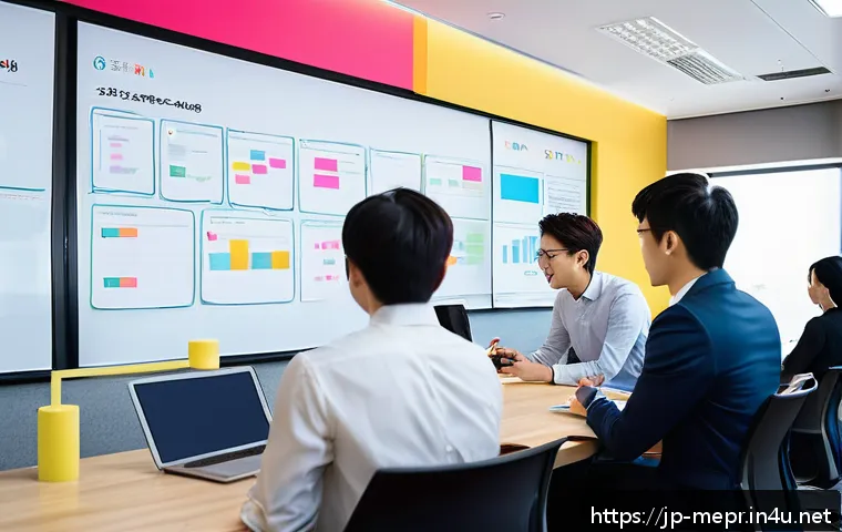 기업PR과 브랜드 가치 - A modern Japanese office scene showing a diverse group of young professionals engaging in a lively b...