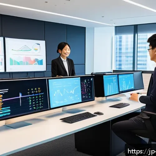 미디어 빅데이터 분석 - A modern Japanese office scene featuring a diverse team of data scientists and marketing professiona...
