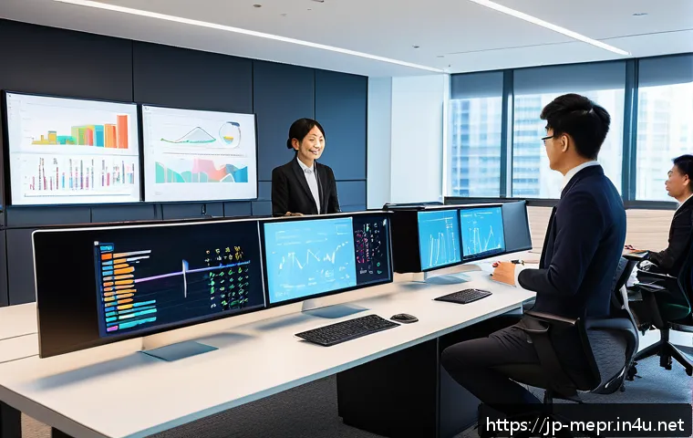 미디어 빅데이터 분석 - A modern Japanese office scene featuring a diverse team of data scientists and marketing professiona...